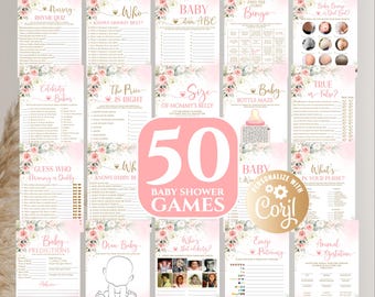 Bewerkbaar meisje Blush Pink Rose Babyshower-gamepakket 50 afdrukbare bloemen Blush Glitter babyshowergame Party Pack Games-antwoorden inbegrepen