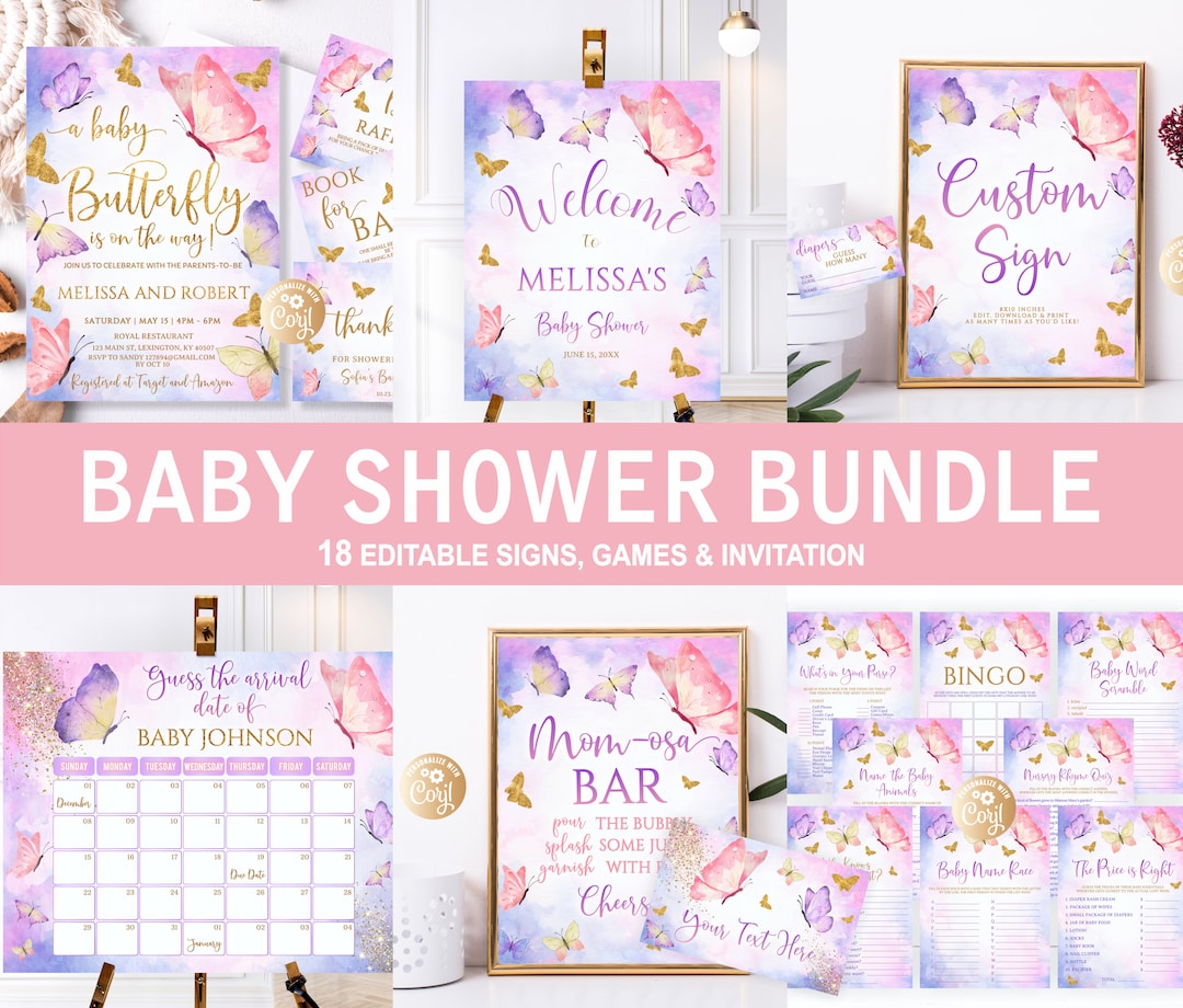 Editable Butterfly Baby Shower Bundle Watercolor, Butterfly Baby Shower ...
