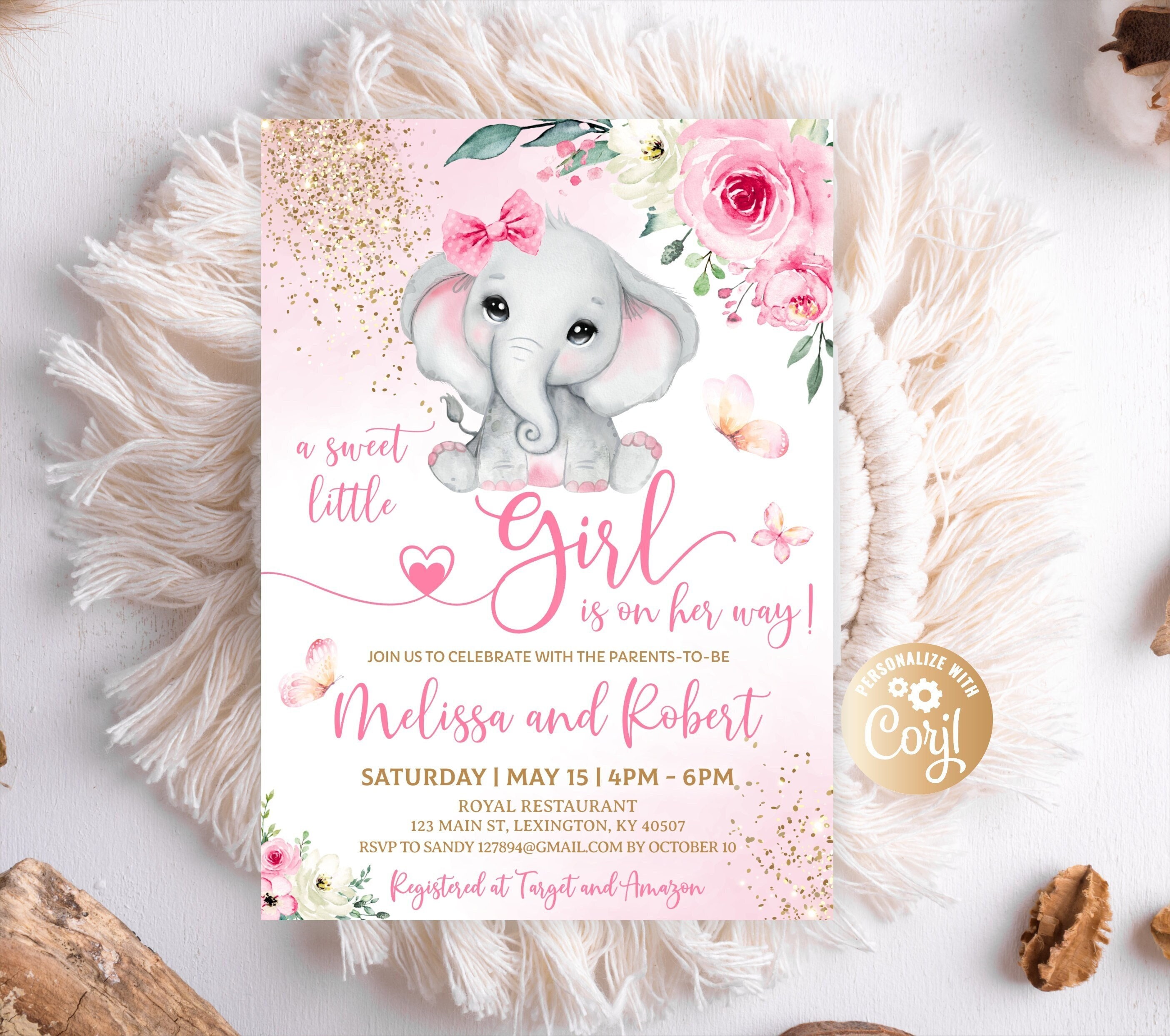 Editable Girl Elephant Baby Shower Invitation, Rose Hot Pink Baby Elephant Invite Gold Glitter a sweet little Girl Elephant Baby Shower