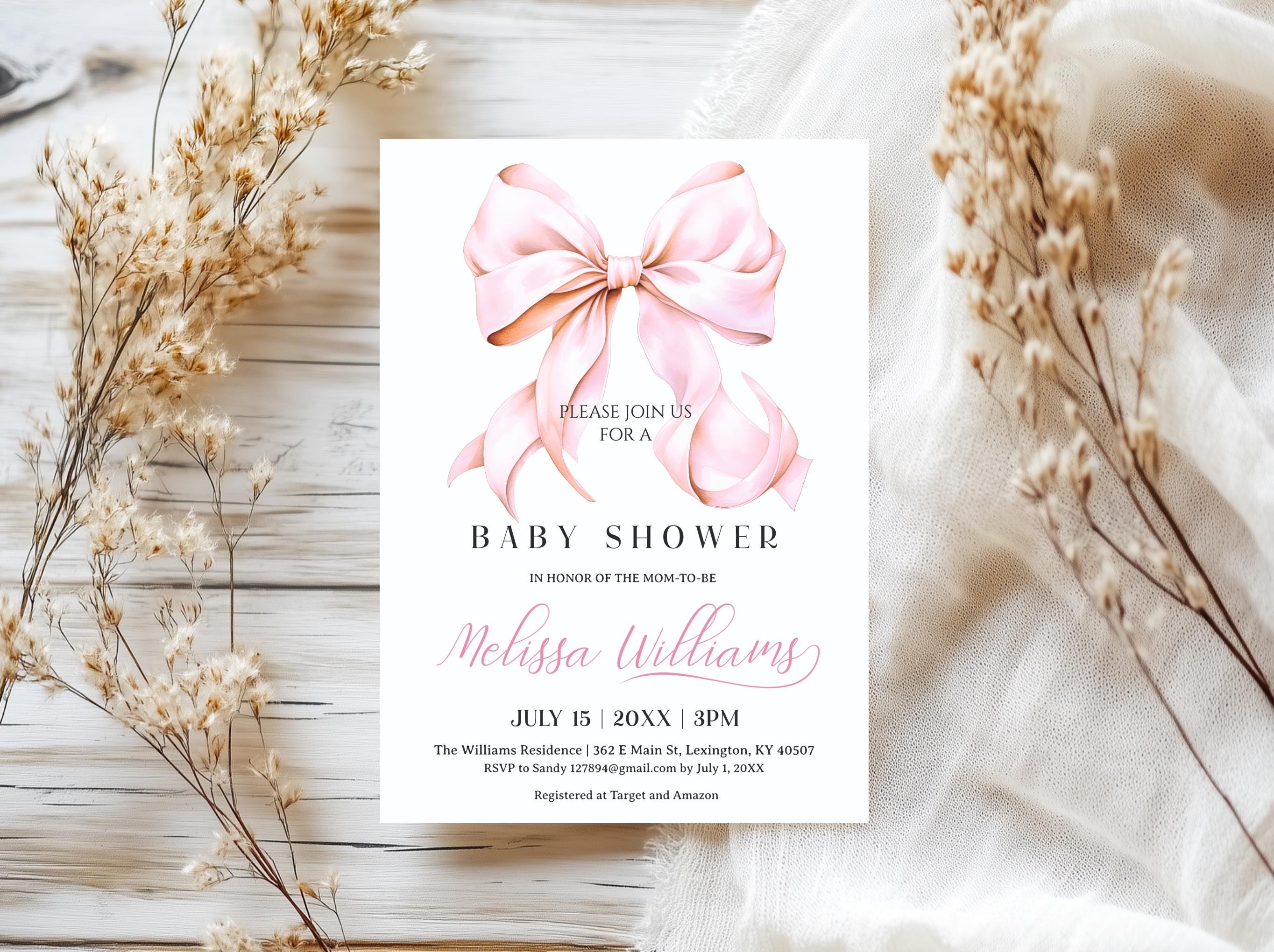 Editable Pink Bow Set Baby Shower Invitation Girl Bow Watercolor Baby ...