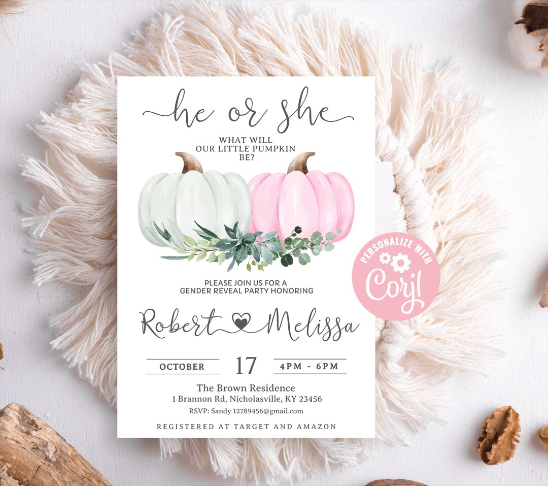 Pumpkins Gender Reveal Invitation, Fall Gender Reveal Invitation, He or