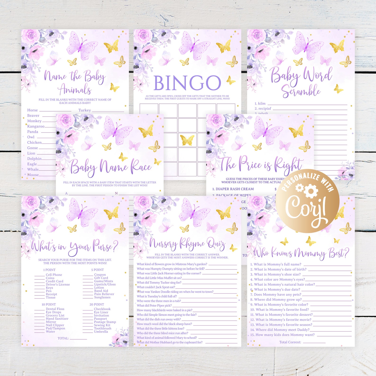 Butterfly Baby Shower Game Package Purple Pinkgold 8 Etsy