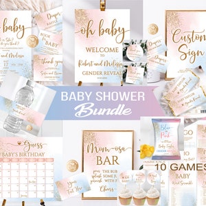 Edytowalny zestaw na baby shower z ujawnieniem płci dziecka, niebieski i różowy zestaw na baby shower, dla chłopca lub dziewczynki, dla niego lub dla niej