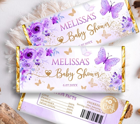 Editable Butterfly Chocolate Wrapper Purple Roses, Printable Butterfly Candy Bar Wrapper Roses, Gold Chocolate Bar Wrappers Baby Shower