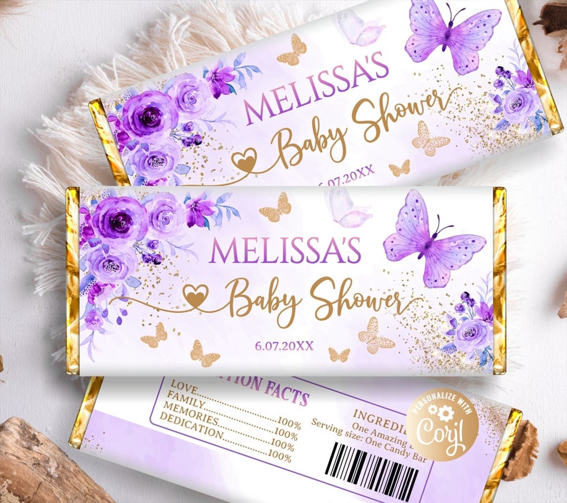 Editable Butterfly Chocolate Wrapper Purple Roses, Printable Butterfly Candy Bar Wrapper Roses, Gold Chocolate Bar Wrappers Baby Shower image 1