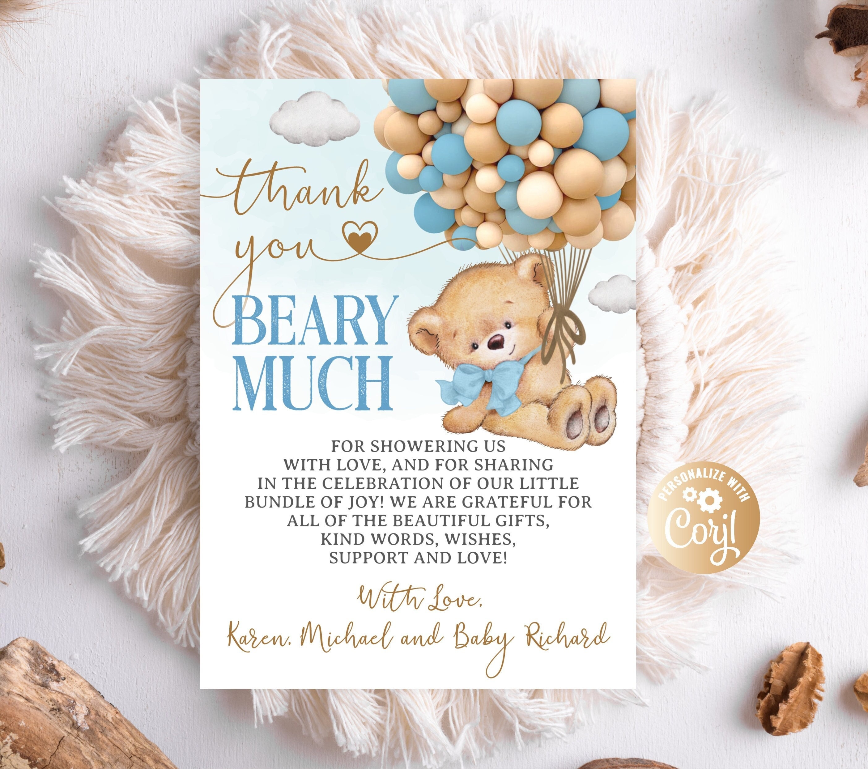 Editable Bear Thank You Card Hot Air Balloon Bear Baby Shower Etsy UK