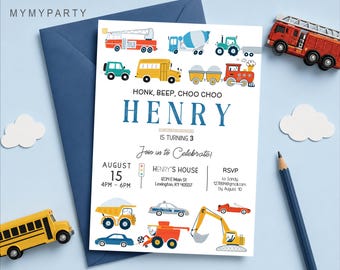Transportation Birthday Invitation with Cars Trucks and Trains for Boy Party, Editable Honk Beep Choo Choo Digital Template