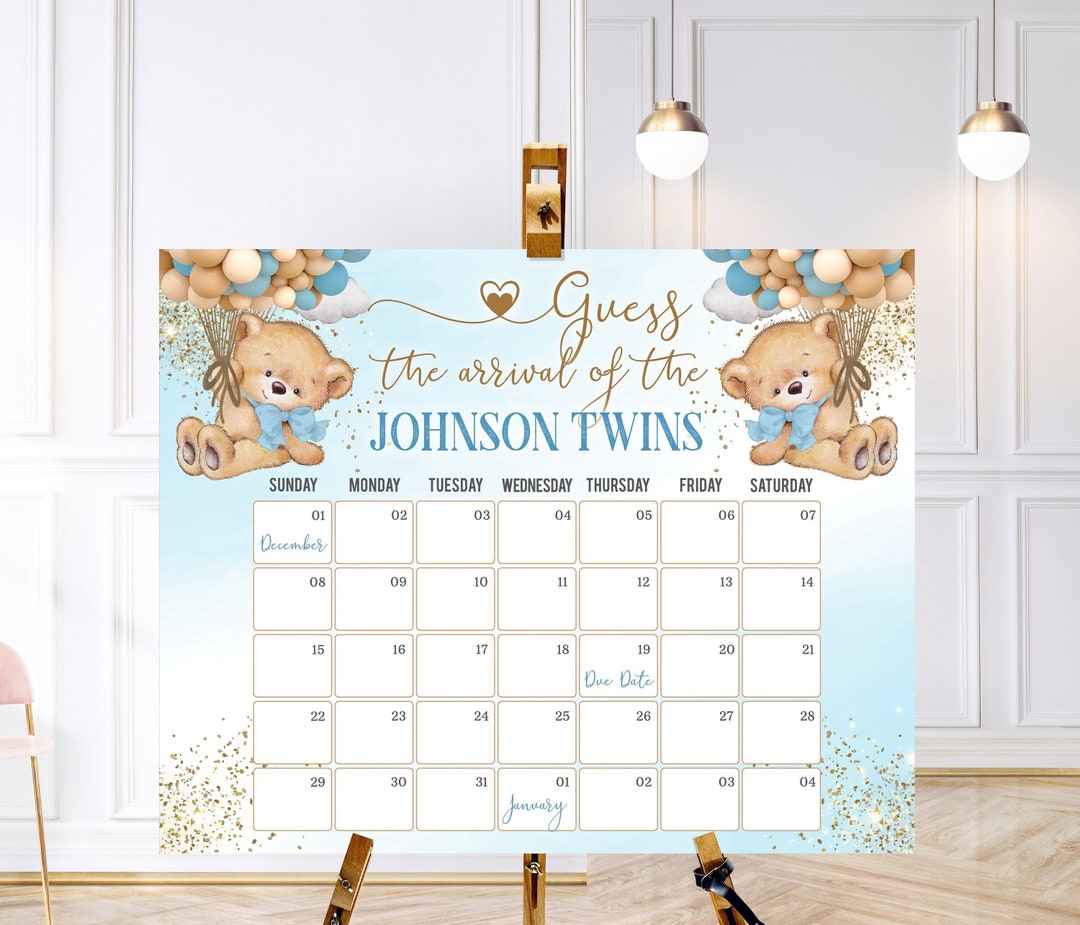 Editable Twins Due Date Calendar Bears, Guess the Due Date Calendar