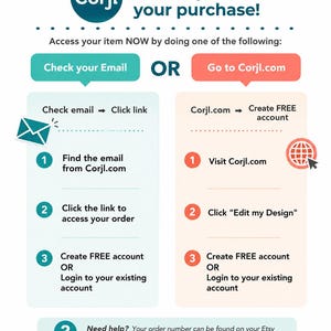 Thank you for your purchase instructions flyer explaining how to access Corjl account.