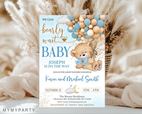 Bear Hot Air Balloon Baby Shower Invitation, Printable Boy We Can Bearly Wait Invite Template, Light Blue Gold Balloons Digital Download