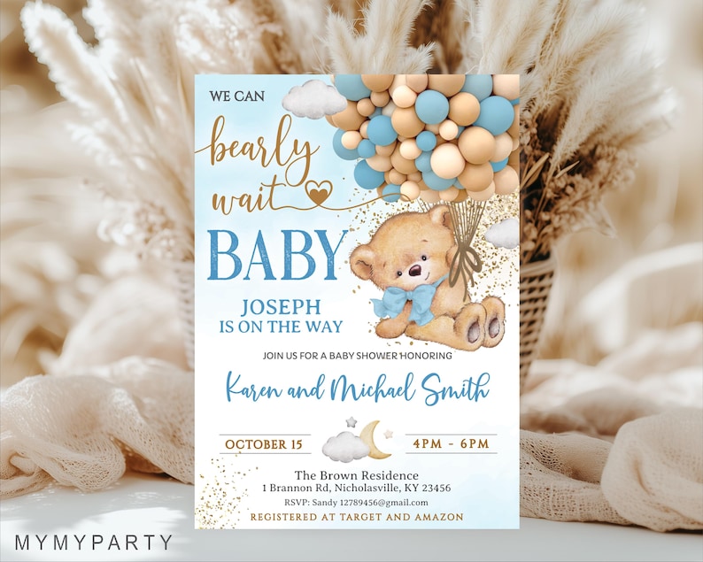 Front view of an editable boy baby shower invitation featuring a cute teddy bear in a hot air balloon with blue and gold balloons.