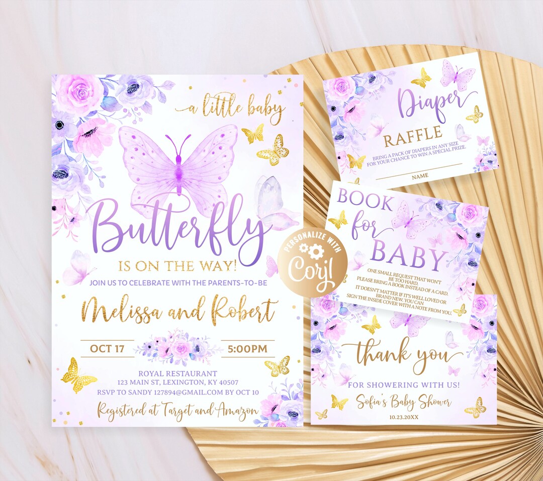 Purple Butterfly Baby Shower Invitation Set, for Girl, Little Butterfly ...