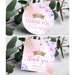 Editable Princess Birthday Favors Tags Circle, Princess Baby Shower Favors Tags, Royal Pink Gold Thank You Gift Tags Castle Сrown Lavender