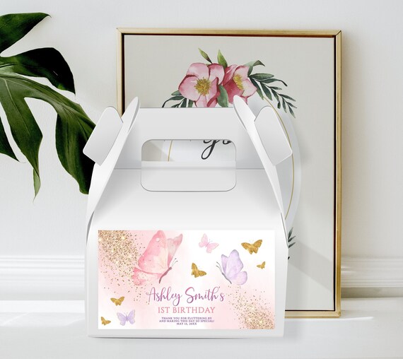 Editable Butterfly Box Label, Printable Butterfly Pink Gold Favors Gift Box Labels, Butterfly Label for Cake Box With Handle, Butterfly