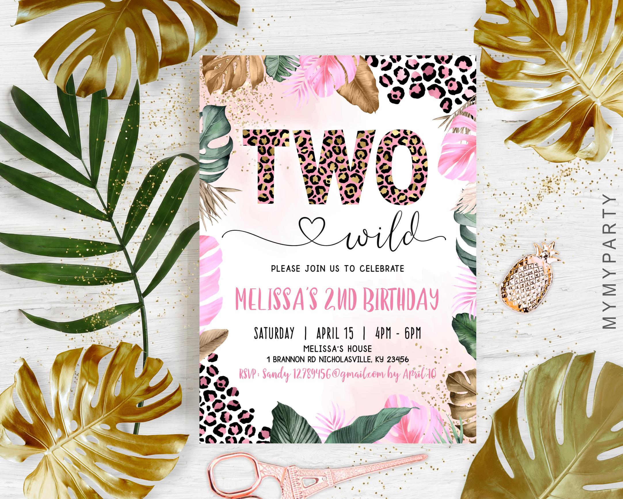 Editable Two Wild Birthday Invitation Girl, Leopard Gold Safari