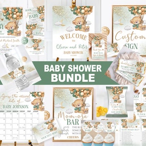 May include: A baby shower bundle featuring a teddy bear design with balloons, clouds, and gold accents. Includes invitations, signs, a calendar, and games. The text "Baby Shower Bundle" is prominently displayed.