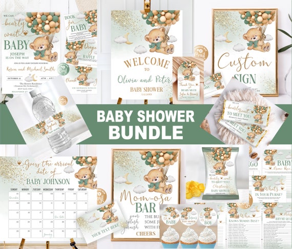Editable Bear Bundle Baby Shower Green, Baby Shower Set Bundle Boy, Bear Baby Shower Invitation for Boy Set Glitter Gold Bear with Balloons