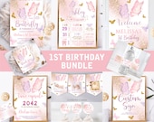 Editable Butterfly 1st Birthday Bundle, Girl 1st Birthday Bundle, Butterfly 1st Birthday Invitation for Girl Set, Purple Gold Butterfly