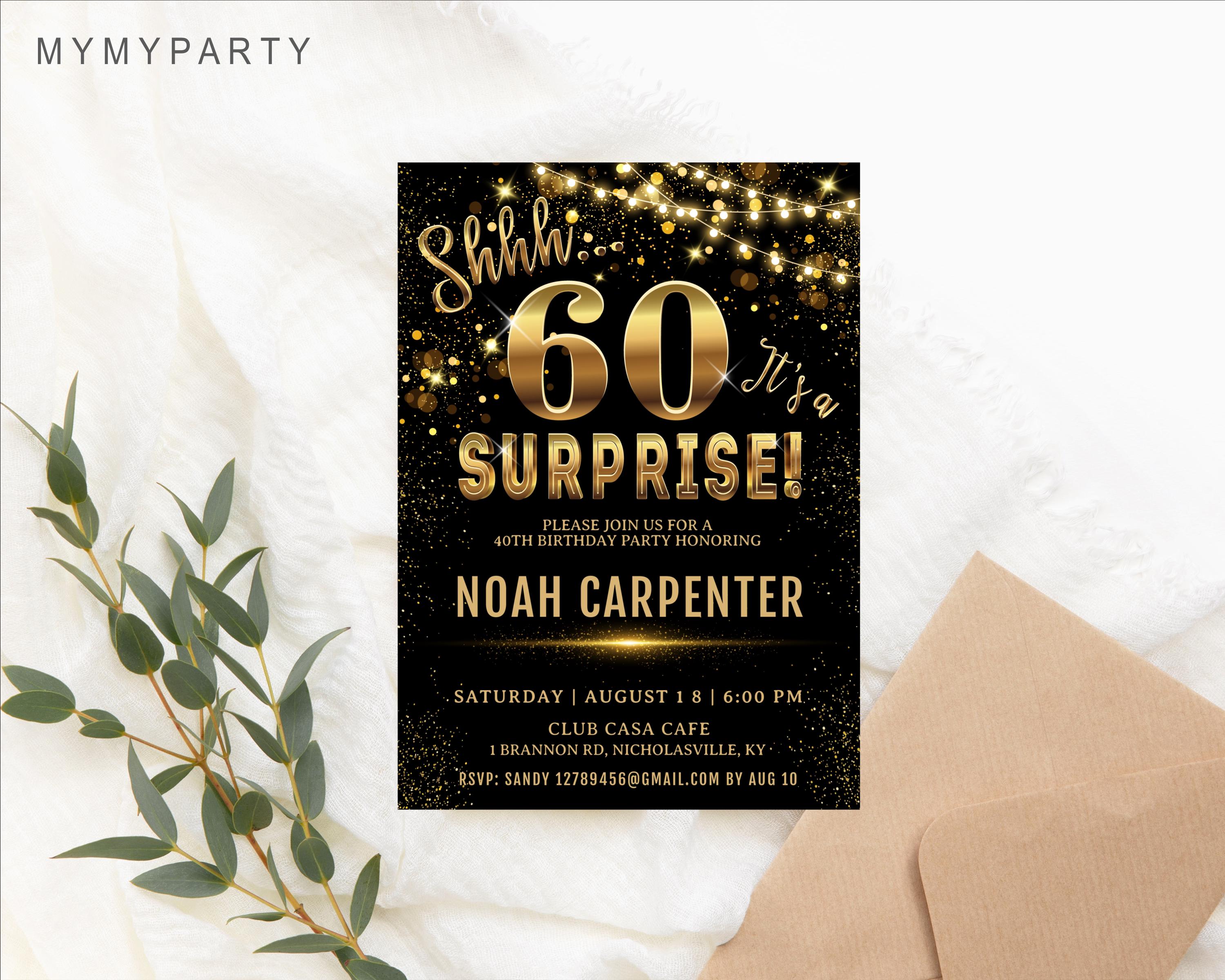 Surprise 60th Birthday Invitation, Editable Template, Elegant Gold