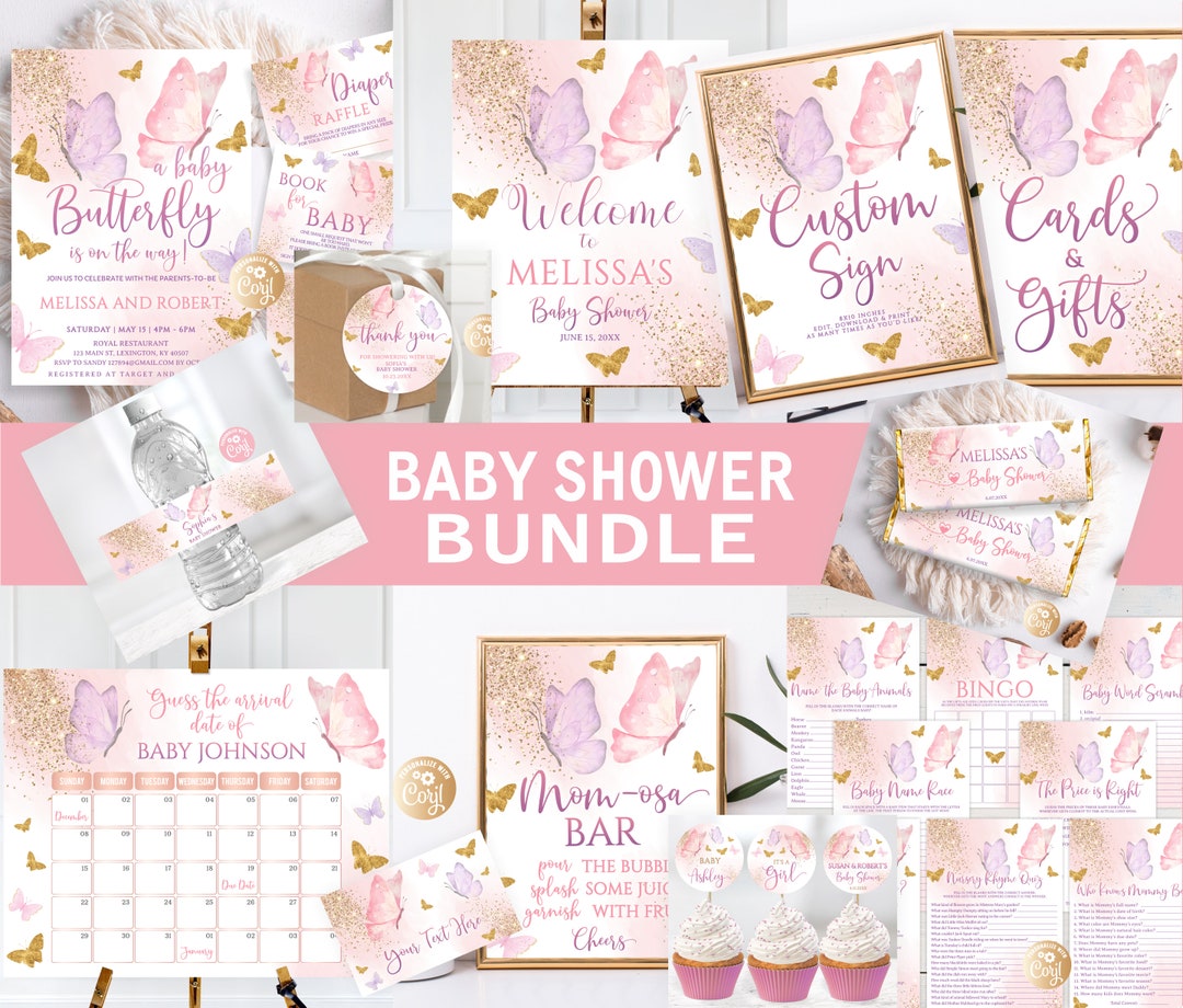 Editable Butterfly Baby Shower Bundle, Baby Shower Bundle, Butterfly