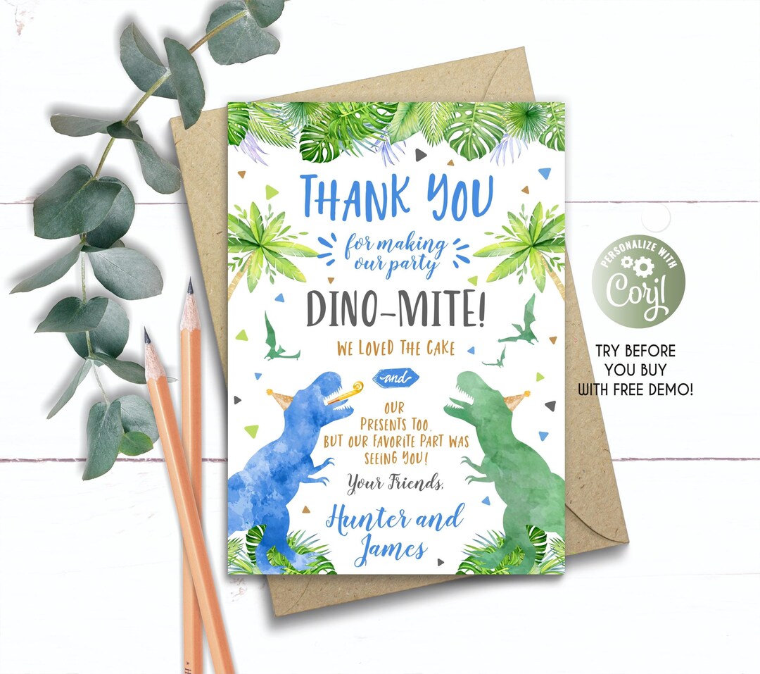 Editable Dinosaur Double Thank You Card 2 Boys, Blue, Brothers Dino ...