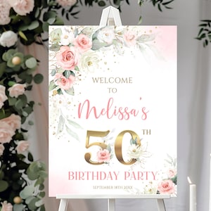 Editable Rose Welcome Birthday Sign Pink Gold Roses Floral Blush Birthday Party 50th 30th 40th 60th 70th 80th 90 Welcome Sign Poster Glitter