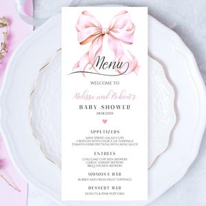Editable Pink Bow Dinner Menu Card, Girl Bow Reception Dinner Menu, Blush Pink Bow Coquette Dinner Menu Ribbon Dinner Baby Shower Menu