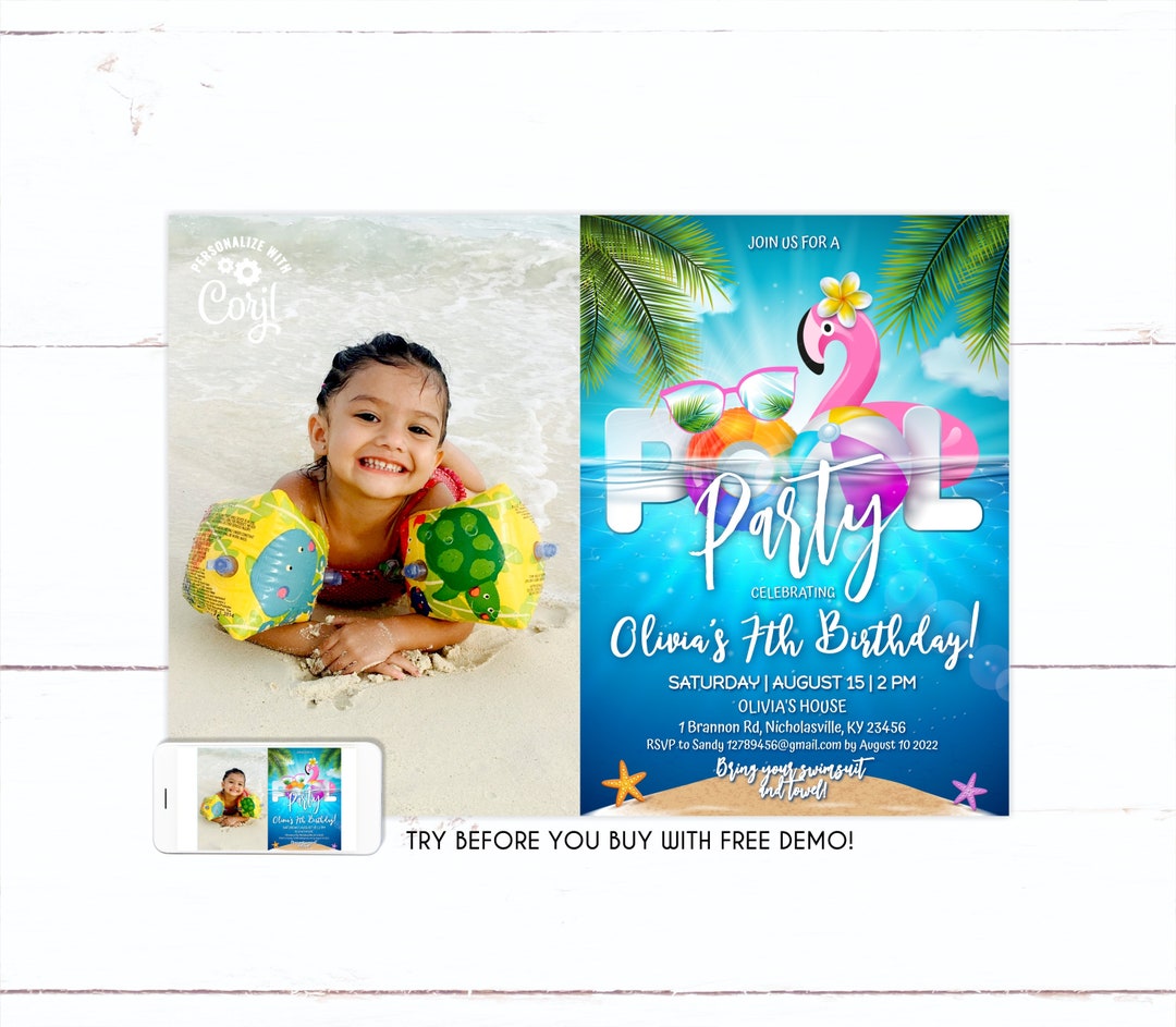 Photo Party Invitations Pool Party Invitation With Photo Girl, Pool Party Birthday Invitation ...