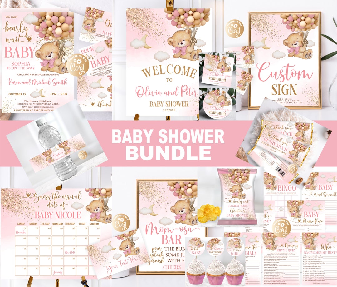 Editable Bear Girl Pink Baby Shower Bundle, Baby Shower Bundle, Bear ...