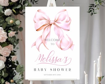 Pink Bow Baby Shower Welcome Sign, Watercolor Coquette Ribbon Poster, Minimalist Girl Entrance Decor