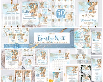 Bear Baby Shower Invitation Mega Bundle, Editable Blue Gold Welcome Sign, Games Decor (Digital Download)