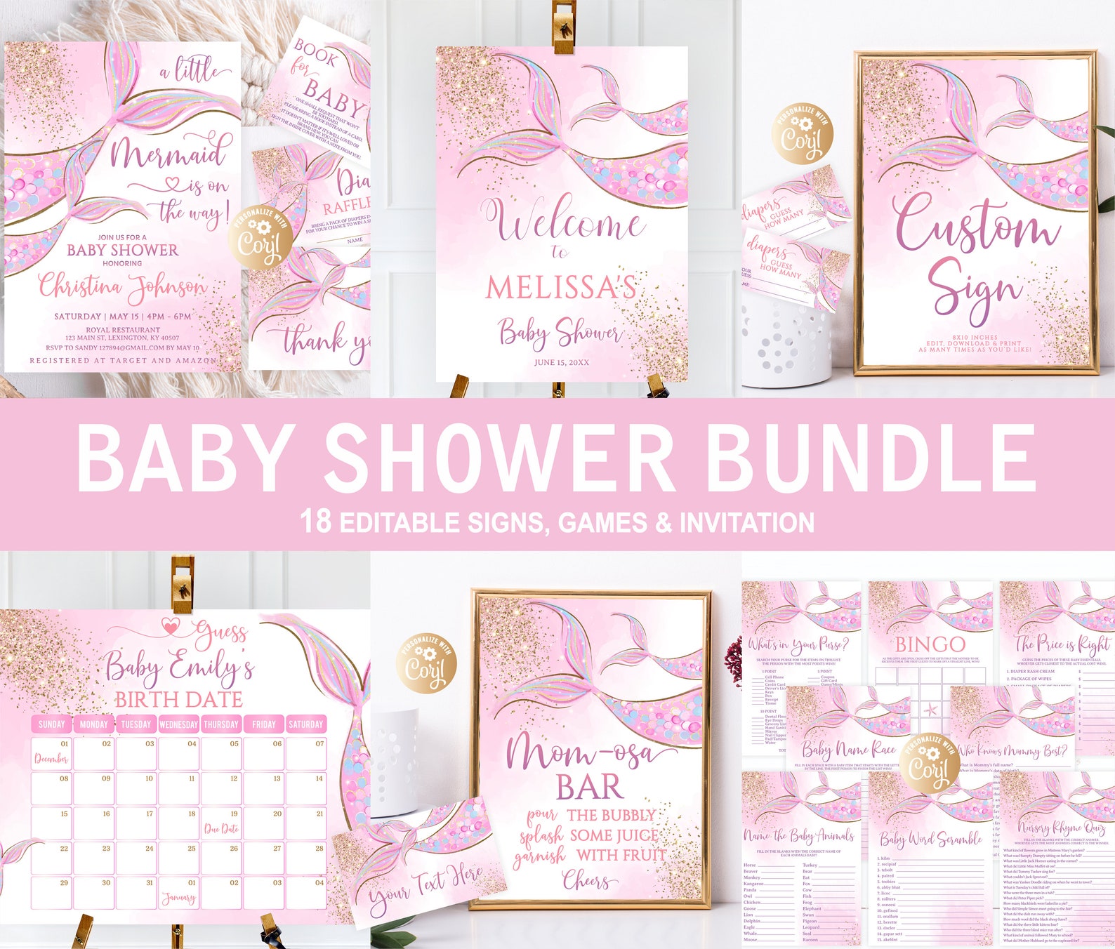 Editable Mermaid Baby Shower Bundle Watercolor, Mermaid Baby Shower Set ...