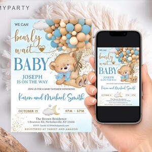 Smartphone screen displaying the mobile editing interface for the "we can bearly wait" bear invitation.