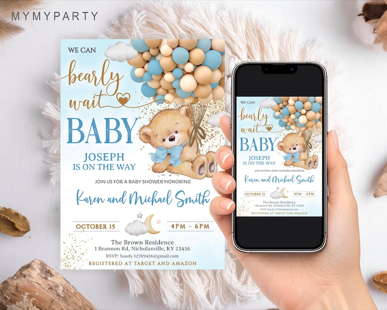Smartphone screen displaying the mobile editing interface for the "we can bearly wait" bear invitation.