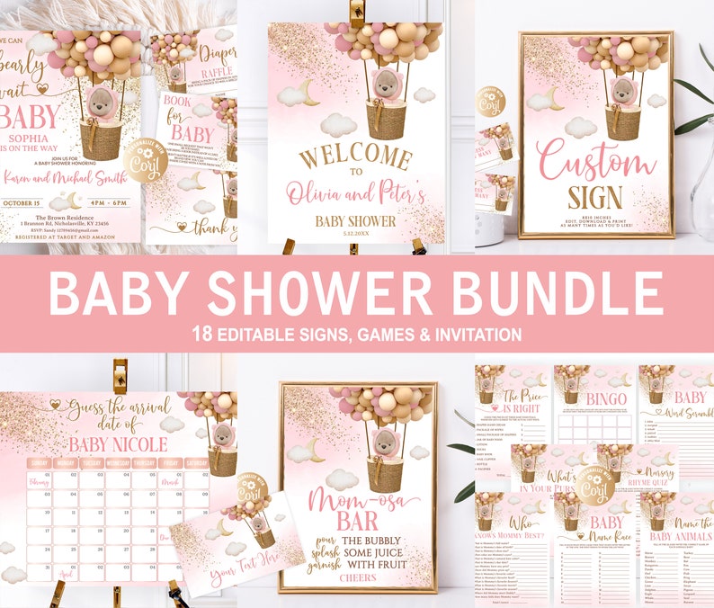 Editable Bear Basket Girl Pink Baby Shower Bundle Baby Shower - Etsy
