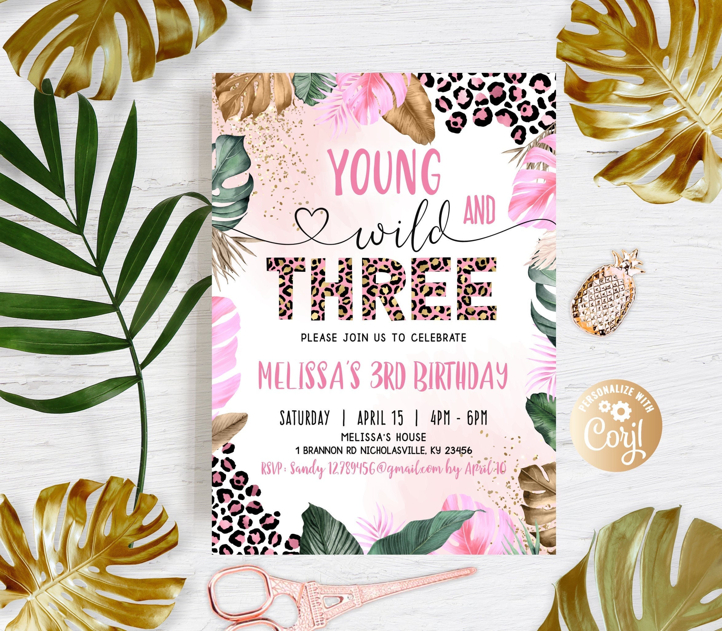 Editable Groovy Young Wild and Three 3rd Birthday Invite -  Denmark