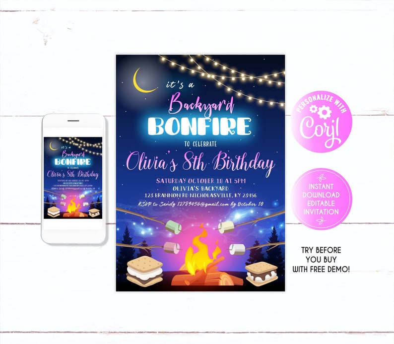 May include: An invitation to a backyard bonfire to celebrate Olivia's 8th birthday. The invitation features a campfire with marshmallows roasting, a starry night sky, and a crescent moon. The text reads "It's a Backyard Bonfire to Celebrate Olivia's 8th Birthday".