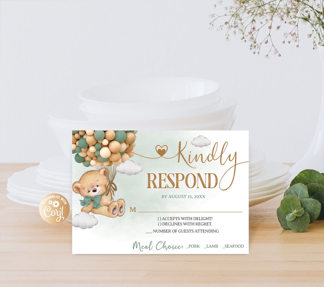 Bear Sage Balloons RSVP Card, Green Boy Bear Respond Baby Shower, Gold