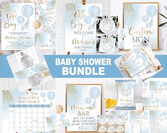 Blå ballonger babyshower-paket, Oh Boy-set (redigerbar digital nedladdning)