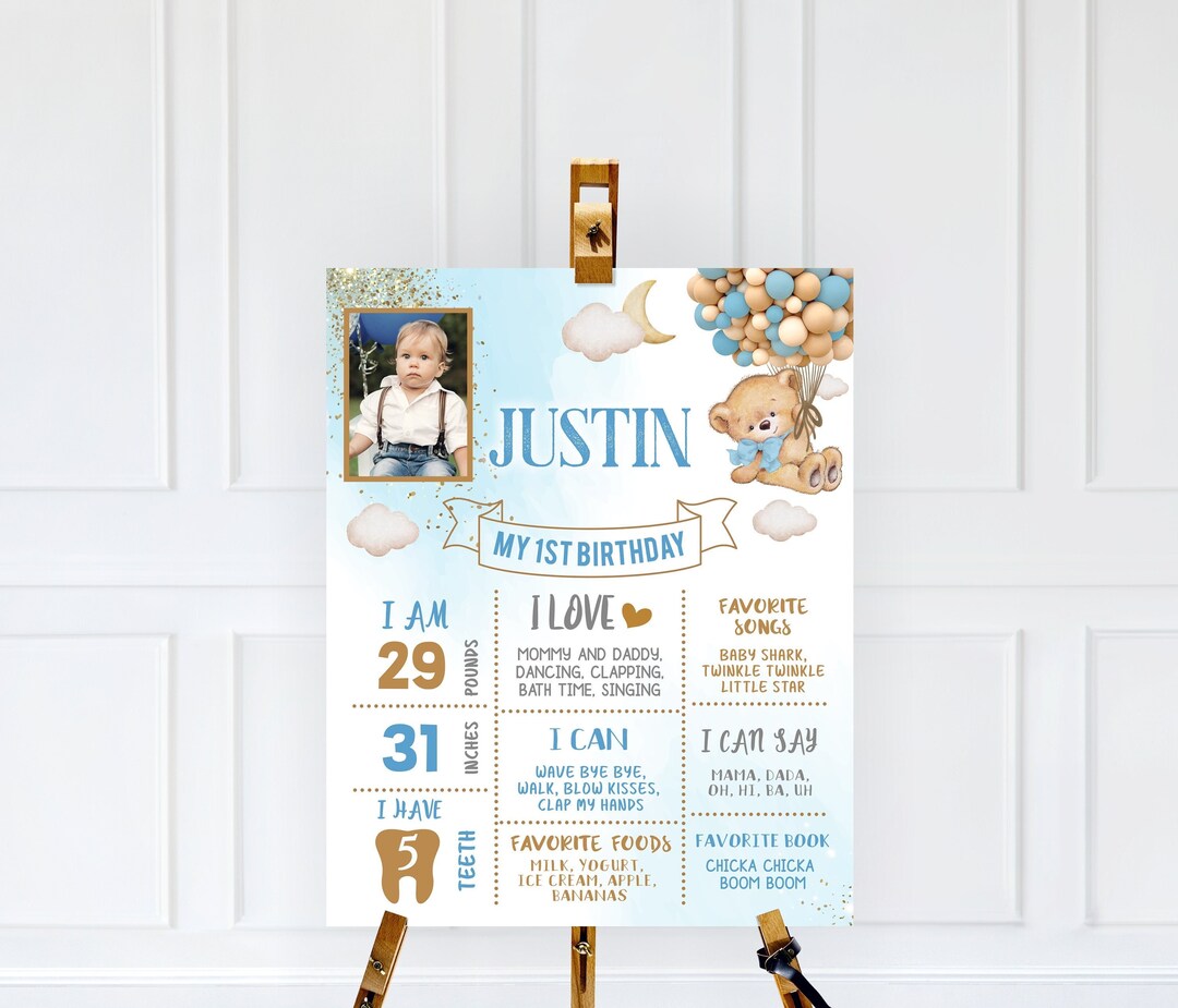 Editable Boy Blue Bear Hot Air Balloon Milestone Birthday Poster Sign ...
