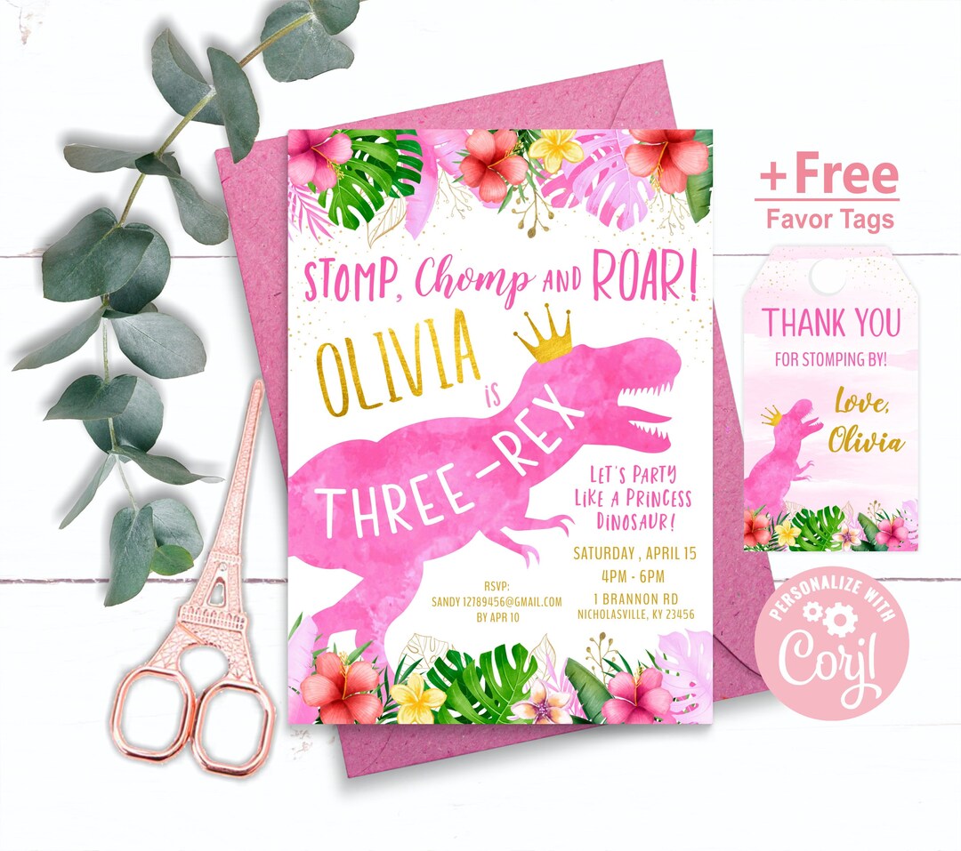 Princess Dinosaur Birthday Invitation, Free Favor Tags, Dinosaur