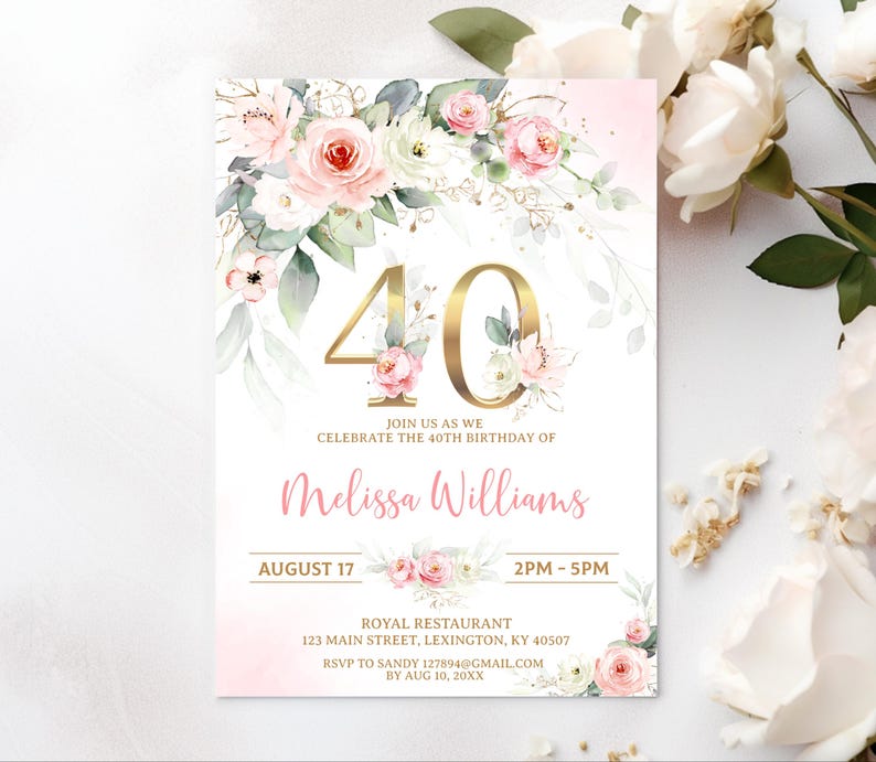 Invit Rose Rose Blush Pink 40th Birthday Invitation Floral Roses Glitter Birthday ...