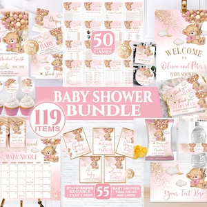 Editable Bear Girl Pink Baby Shower Bundle, Baby Shower Bundle, Bear Pink Gold Baby Shower Invitation for Girl Set Bear with Balloons Bundle