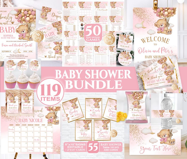 Editable Bear Girl Pink Baby Shower Bundle, Baby Shower Bundle, Bear ...