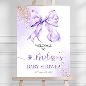 Purple Bow Baby Shower Welcome Sign Poster Bow Purple Glitter Gold Baby Shower Decor Watercolor Baby Shower Sign Purple Ribbon Entrance Sign