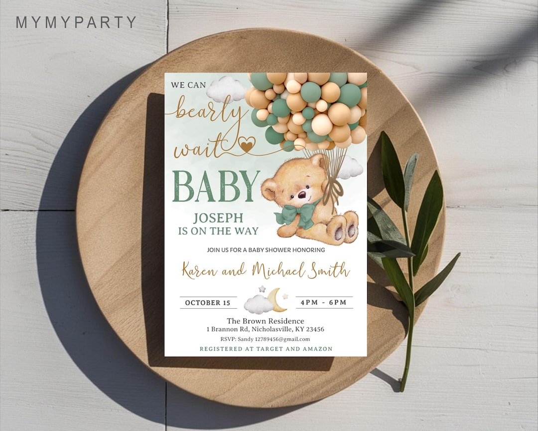 Sage Green Bear Baby Shower Invitation, Editable We Can Bearly Wait Boy ...