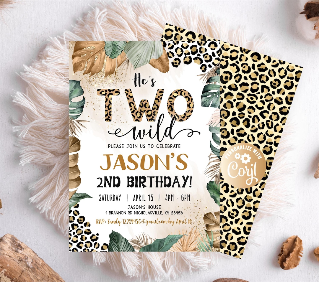 Two Birthday Invite EDITABLE Wild Two Birthday Invitation for Boy, Leopard Gold Safari ...