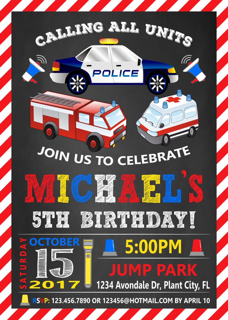 First responders birthday invitation firetruck car police Etsy