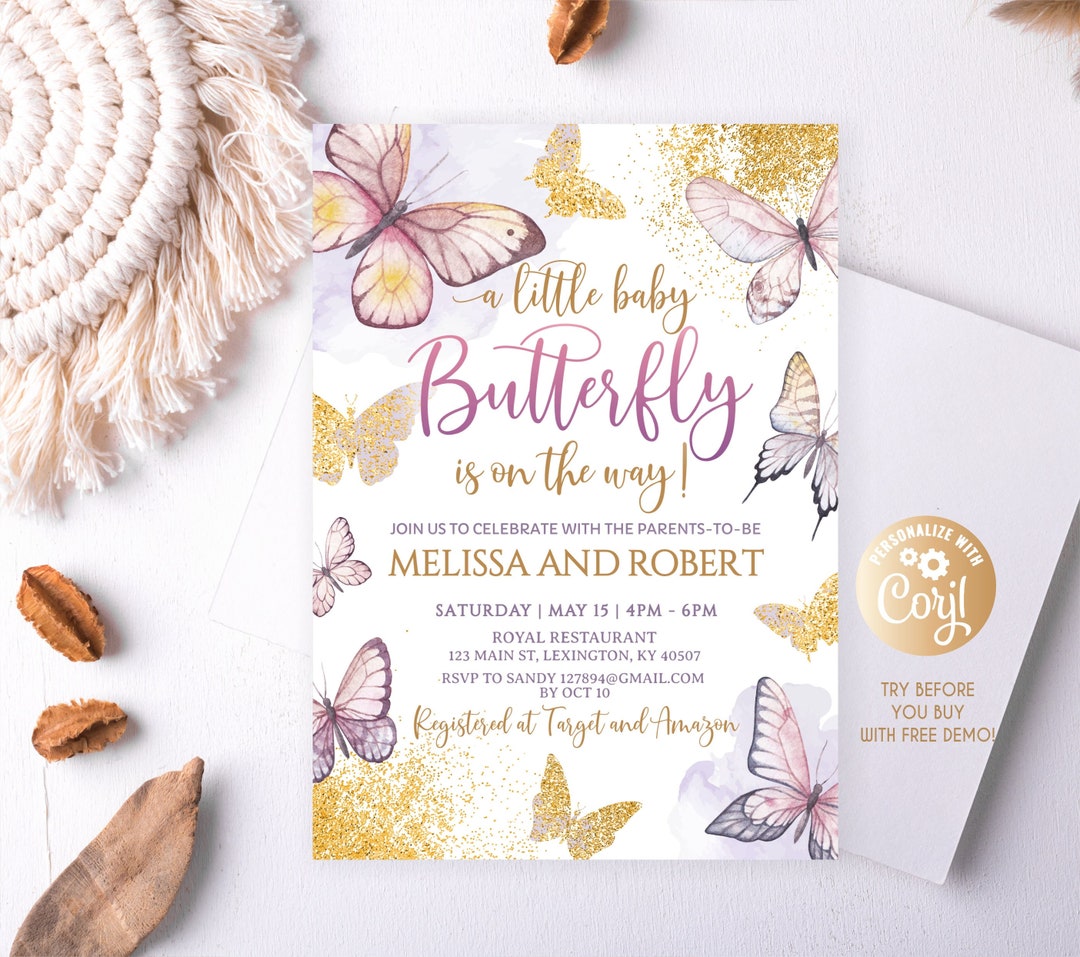 Butterfly Baby Shower Invitation, Purple Pink Butterfly Baby Shower