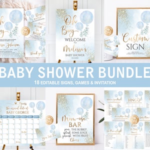 Editable Boy Blue Two Balloons Baby Shower Bundle, Greenery Oh Boy Baby Shower Set, Baby Shower for Boy Watercolor Balloons Bundle Set Gold